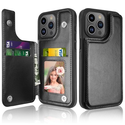 For iPhone 15 Pro Wallet Premium PU Vegan Leather ID Multiple Card Holder Money with Strap - Black