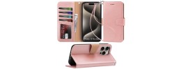 For iPhone 15 Pro Wallet Premium PU Vegan Leather ID Multiple Card Holder Money with Strap - Rose Gold