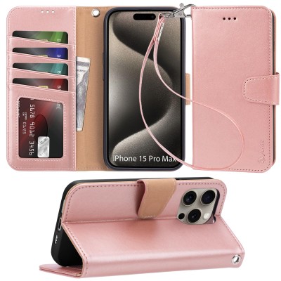 For iPhone 15 Pro Wallet Premium PU Vegan Leather ID Multiple Card Holder Money with Strap - Rose Gold