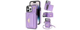 For iPhone 15 Purse Style Wallet Card ID Money Holder with Zip containing Long & Short Lanyard - Bright Purple