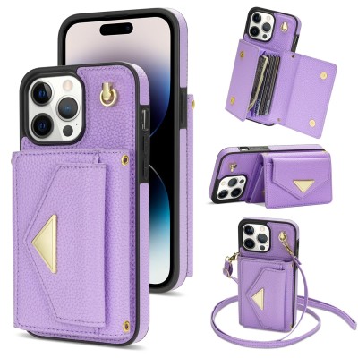 For iPhone 15 Purse Style Wallet Card ID Money Holder with Zip containing Long & Short Lanyard - Bright Purple