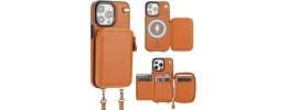 For iPhone 15 Purse Style Wallet Card ID Money Holder with Zip containing Long & Short Lanyard - Brown