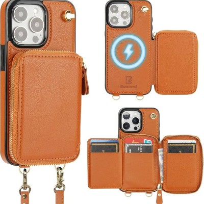 For iPhone 15 Purse Style Wallet Card ID Money Holder with Zip containing Long & Short Lanyard - Brown