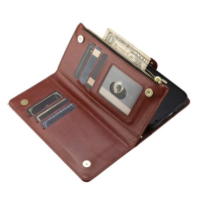 For iPhone 15 Purse Style Wallet Card ID Money Holder with Zip containing Long & Short Lanyard - Rose Gold
