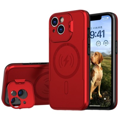 For iPhone 15 Push Mount Friendly Camera Protective [Ring Stand] Hybrid Case - Red