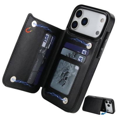 For iPhone 15 Retro Wallet Card Holder Case Cover - Black