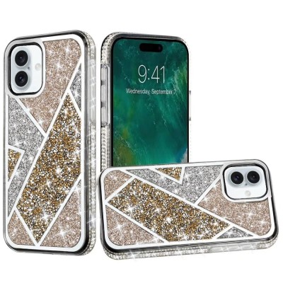 For iPhone 15 Rhombus Bling Glitter Diamond Case Cover - Gold