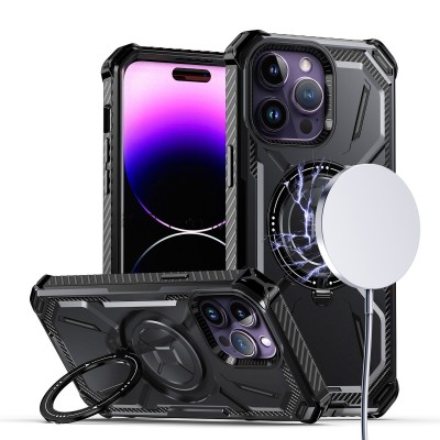 For iPhone 15 Ring Magnetic Kickstand Hybrid Case Cover - Black