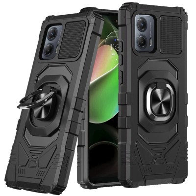For iPhone 15 Robotic Hybrid with Magnetic Ring Stand Case Cover - Black