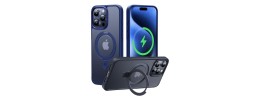 For iPhone 15 Robotic Hybrid with Magnetic Ring Stand Case Cover - Dark Blue