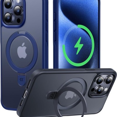 For iPhone 15 Robotic Hybrid with Magnetic Ring Stand Case Cover - Dark Blue