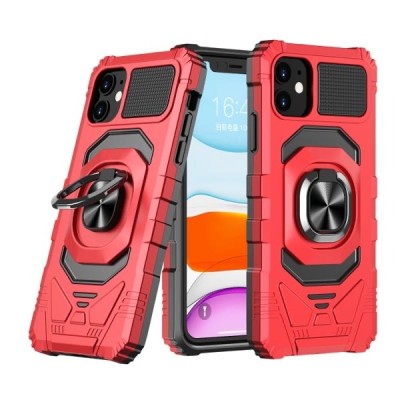 For iPhone 15 Robotic Hybrid with Magnetic Ring Stand Case Cover - Red