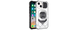 For iPhone 15 Robotic Hybrid with Magnetic Ring Stand Case Cover - Silver