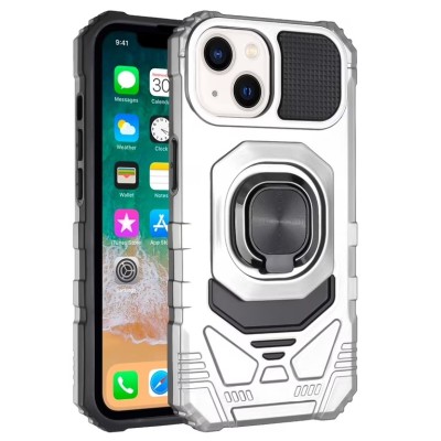 For iPhone 15 Robotic Hybrid with Magnetic Ring Stand Case Cover - Silver
