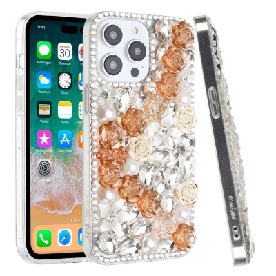For iPhone 15 Rose Flower Full Diamond Bling Stones - Gold