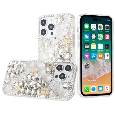 For iPhone 15 Rose Flower Full Diamond Bling Stones - Green