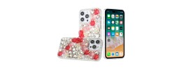 For iPhone 15 Rose Flower Full Diamond Bling Stones - Red
