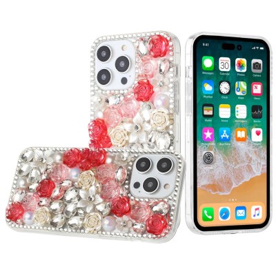 For iPhone 15 Rose Flower Full Diamond Bling Stones - Red
