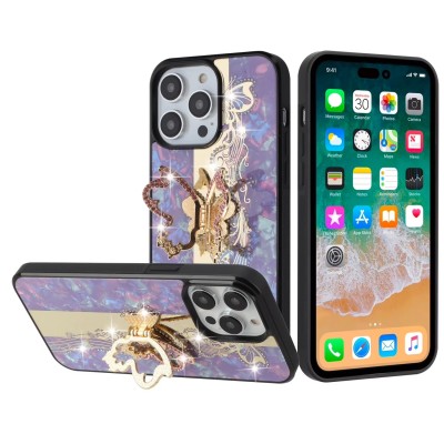 For iPhone 15 SPLENDID Diamond Glitter Ornaments Engraving Case Cover - Garden Butterflies Purple