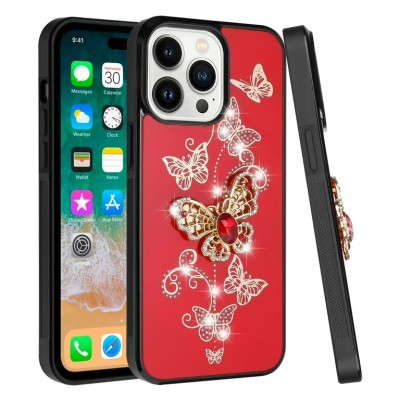 For iPhone 15 SPLENDID Diamond Glitter Ornaments Engraving Case Cover - Garden Butterflies Red