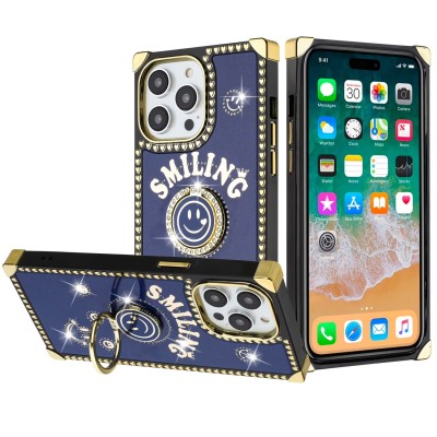 For iPhone 15 SQUARE Passion Glitter Diamond Ring Stand Case Cover - BLACK CHROME G
