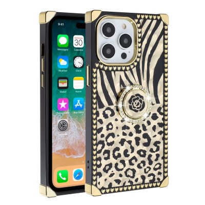 For iPhone 15 SQUARE Passion Glitter Diamond Ring Stand Case Cover - Floral Design Gold