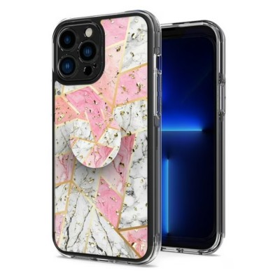 For iPhone 15 SQUARE Passion Glitter Diamond Ring Stand Case Cover - Floral Design Pink