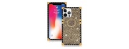 For iPhone 15 SQUARE Passion Glitter Diamond Ring Stand Case Cover - Heart Design Gold