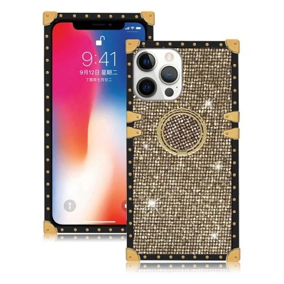For iPhone 15 SQUARE Passion Glitter Diamond Ring Stand Case Cover - Heart Design Gold