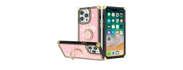 For iPhone 15 SQUARE Passion Glitter Diamond Ring Stand Case Cover - Heart Design Pink
