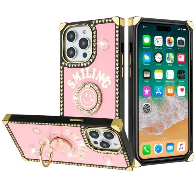 For iPhone 15 SQUARE Passion Glitter Diamond Ring Stand Case Cover - Heart Design Pink