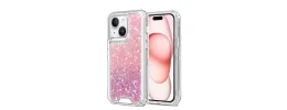 For iPhone 15 Epoxy Sticker Glitter 3in1 Shockproof Transparent Hybrid Case - Pink + Light Purple