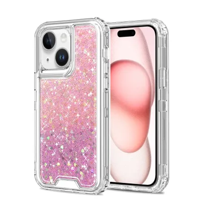 For iPhone 15 Epoxy Sticker Glitter 3in1 Shockproof Transparent Hybrid Case - Pink + Light Purple