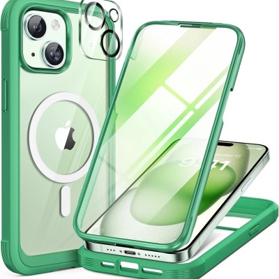 For iPhone 15 Splendid Floral Designs with Metal Camera and Buttons with Butterfly Ring Stand Hybrid Case - Light Green