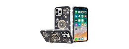 For iPhone 15 Splendid Glitter with Diamonds All Around Edges Ring Stand Case Cover - Black