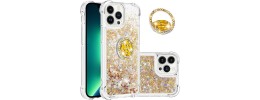 For iPhone 15 Splendid Glitter with Diamonds All Around Edges Ring Stand Case Cover - Gold