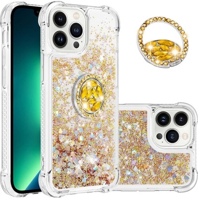 For iPhone 15 Splendid Glitter with Diamonds All Around Edges Ring Stand Case Cover - Gold