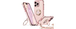 For iPhone 15 Splendid Glitter with Diamonds All Around Edges Ring Stand Case Cover - Pink
