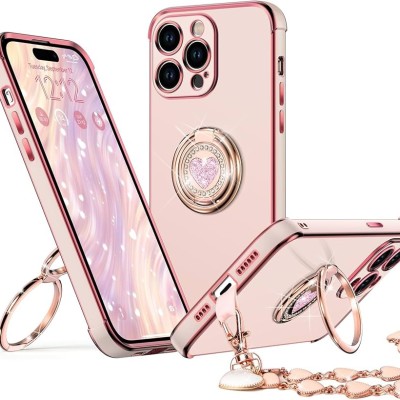 For iPhone 15 Splendid Glitter with Diamonds All Around Edges Ring Stand Case Cover - Pink