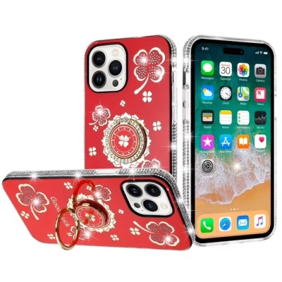 For iPhone 15 Splendid Glitter with Diamonds All Around Edges Ring Stand Case Cover - Red