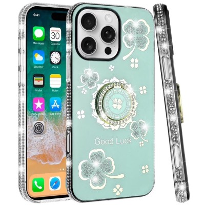 For iPhone 15 Splendid Glitter with Diamonds All Around Edges Ring Stand Case Cover - Teal