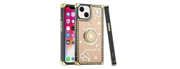 For iPhone 15 Square Passion Hearts Bling Glitter Floral Ring Stand Case Cover - Gold
