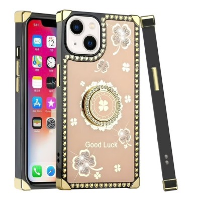 For iPhone 15 Square Passion Hearts Bling Glitter Floral Ring Stand Case Cover - Gold