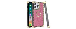 For iPhone 15 Square Passion Hearts Bling Glitter Floral Ring Stand Case Cover - Pink