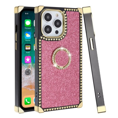 For iPhone 15 Square Passion Hearts Bling Glitter Floral Ring Stand Case Cover - Pink