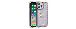 For iPhone 15 Square Passion Hearts Bling Glitter Floral Ring Stand Case Cover - Purple