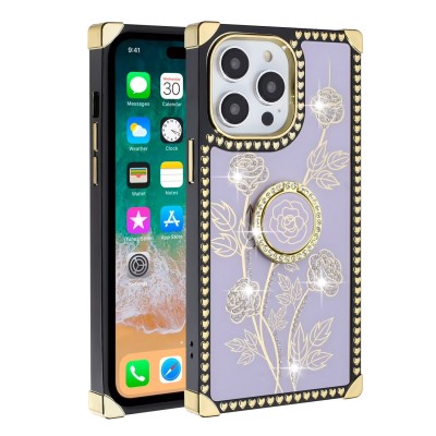 For iPhone 15 Square Passion Hearts Bling Glitter Floral Ring Stand Case Cover - Purple