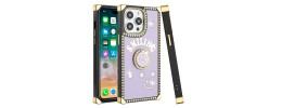For iPhone 15 Square Passion Hearts Bling Glitter Love Design Ring Stand Case Cover - Purple