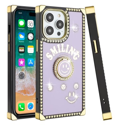 For iPhone 15 Square Passion Hearts Bling Glitter Love Design Ring Stand Case Cover - Purple
