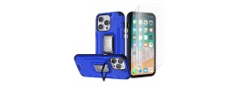 For iPhone 15 Strong Tough Metallic Design Hybrid Premium Kicstand + 3X Tempered Glass - Blue
